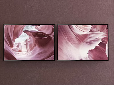 Two Abstract Paintings With Pink Purple Wave Textures And White Light On Dark Brown Wall 3d model