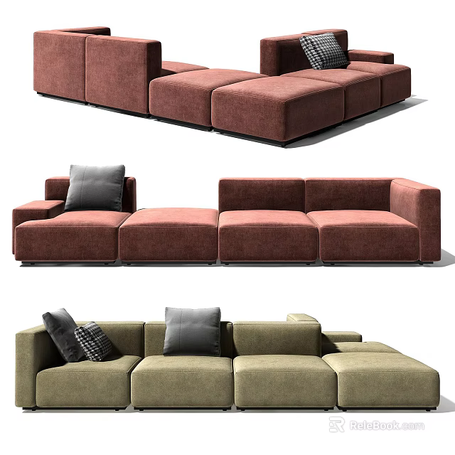 Modular Sectional Sofa In Brown Green With Comfortable Pillows And Modern Design 3d model 