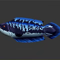3D Blue Fish With Red Eyes And Blue Textured Patterns On Gray Background
