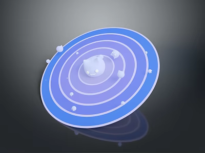 Abstract Blue And Purple Disc Model With Concentric Circles White Cubes And Central Object 3d model