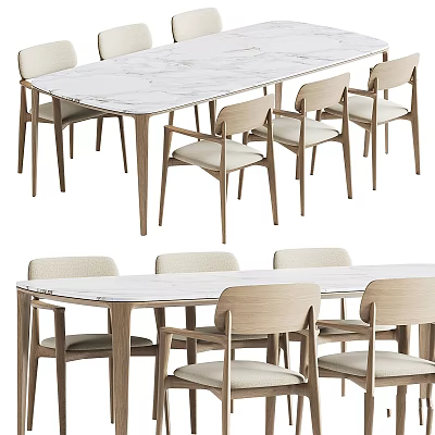 Elegant Modern Dining Table And Chairs Set With Marble Tabletop And Wooden Frame Upholstered Seats 3d model