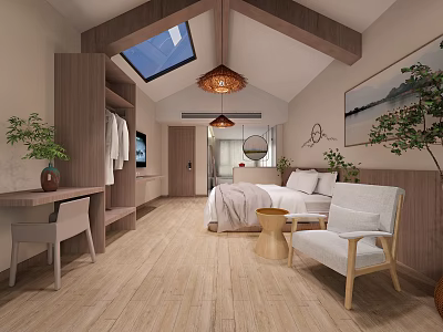Hotel Room Interior With Skylight Wooden Ceiling Pendant Light And Cozy Furniture 3d model