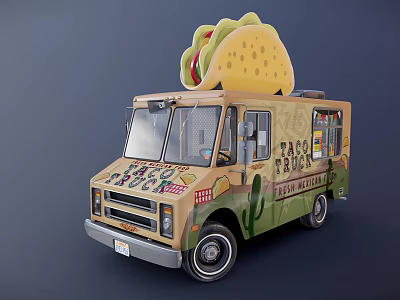 Taco Food Truck With Giant Taco On Top And Cactus Design Details 3d model