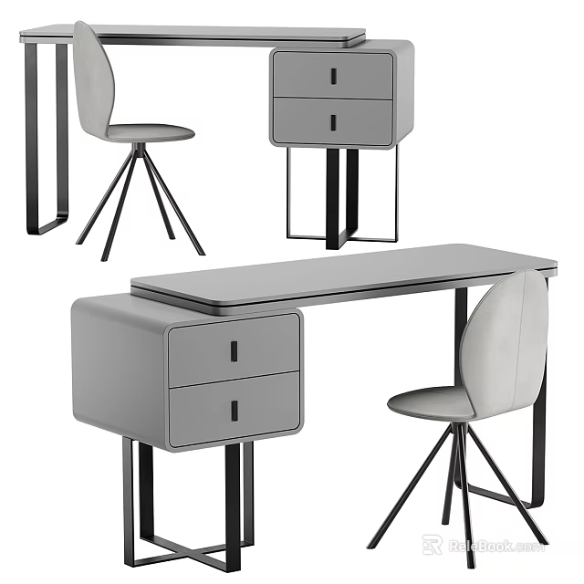 Modern Gray Table And Chair Set With Drawer Storage And Metal Legs 3d model 