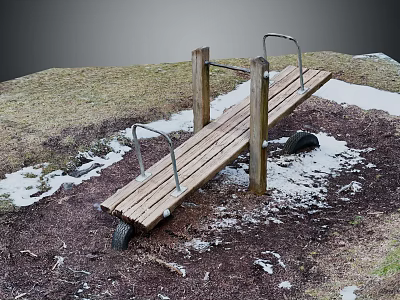 Wooden Outdoor Bench With Metal Handrails On Grass Snow And Dirt Ground 3d model
