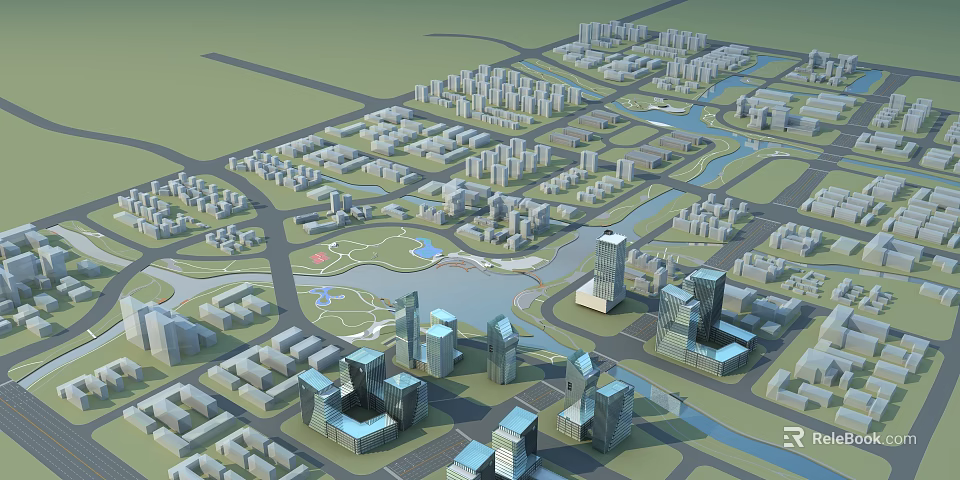 Aerial View Urban Planning with Modern Buildings Roads River and Green Spaces Layout 3d model 