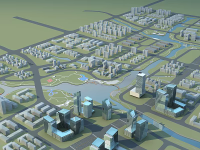 Aerial View Urban Planning with Modern Buildings Roads River and Green Spaces Layout 3d model