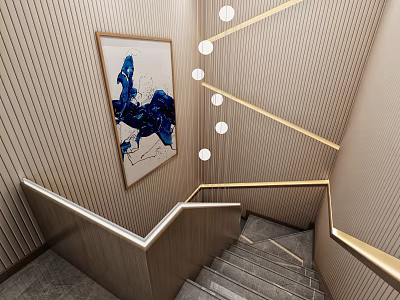 Staircase Interior With Striped Walls Blue Abstract Painting Golden Handrail And Circular Lights 3d model