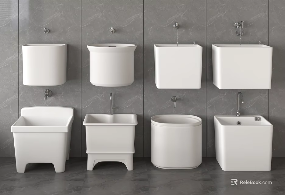 White Ceramic Bathroom Fixtures Wall Mounted And Floor Standing With Gray Tile Wall 3d model 