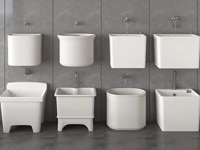 White Ceramic Bathroom Fixtures Wall Mounted And Floor Standing With Gray Tile Wall 3d model