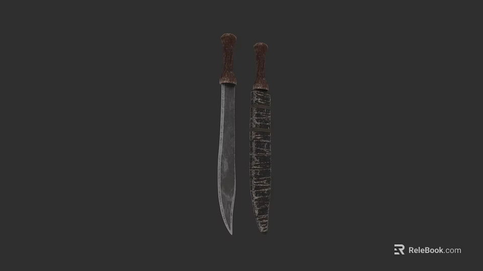 Two Traditional Weapons With Long Sharp Blade And Textured Sheath Brown Handle 3d model 