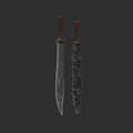 Two Traditional Weapons With Long Sharp Blade And Textured Sheath Brown Handle