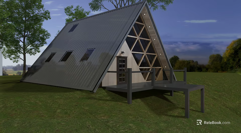 A Frame Cottage With Metal Roof Large Glass Windows Wooden Door Deck And Grassland View 3d model 
