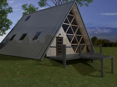 A Frame Cottage With Metal Roof Large Glass Windows Wooden Door Deck And Grassland View 3d model