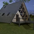 A Frame Cottage With Metal Roof Large Glass Windows Wooden Door Deck And Grassland View
