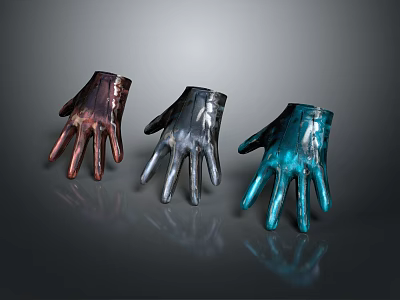 Three Different Colored Metallic Gloves in Brown Silver and Blue with Reflective Dark Background 3d model