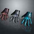 Three Different Colored Metallic Gloves in Brown Silver and Blue with Reflective Dark Background