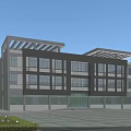 Modern Office Building Exterior With Large Glass Windows And Sunshade Structure Surrounded by Greenery