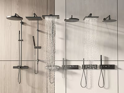 Modern Wall Mounted Shower System With Multiple Heads Handheld Sprayer And Wooden Texture Panel 3d model
