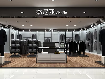 ZEGNA Men's Clothing Store Modern Interior With Suits Shirts Display Racks And Wooden Floor 3d model