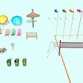 Essential Beach Sports Equipment Including Beach Chairs Umbrellas Life Rings Surfboards And Float Boards