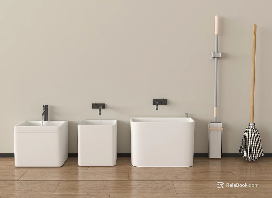 Modern Bathroom Accessories Including White Basins Black Faucets Mop And Broom 3d model 