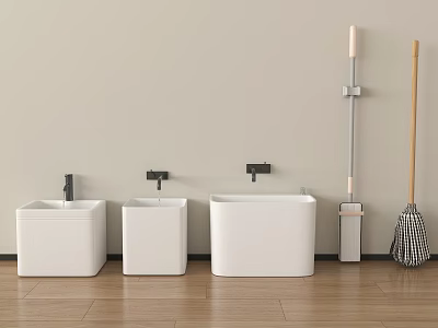 Modern Bathroom Accessories Including White Basins Black Faucets Mop And Broom 3d model