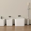 Modern Bathroom Accessories Including White Basins Black Faucets Mop And Broom