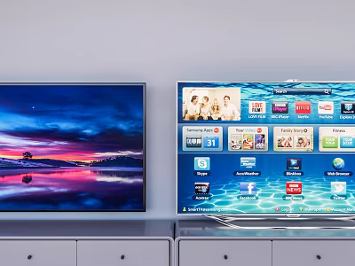 Two TVs Displaying Natural Scenery Smart Interface With App Icons And Family 3d model