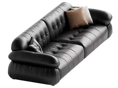 Black Leather Sectional Sofa with Tufted Design and Brown Gray Pillows 3d model