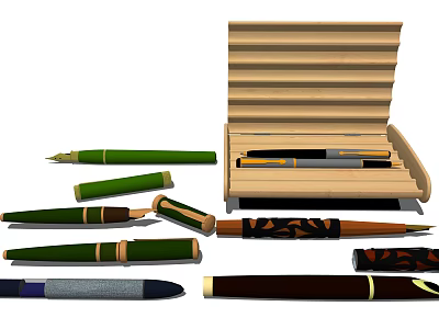 Various Styles of Pens with Open Wooden Pen Case and Multi Color Designs 3d model