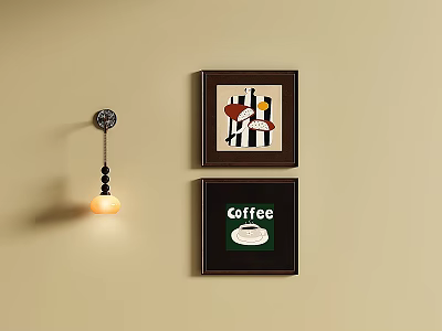 Abstract Painting With Coffee Themed Artwork And Wall Lamp On Beige Wall 3d model