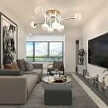 Modern Living And Dining Room Interior With Gray Sofa Chandelier Artwork And TV Wall