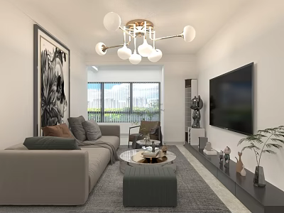 Modern Living And Dining Room Interior With Gray Sofa Chandelier Artwork And TV Wall 3d model