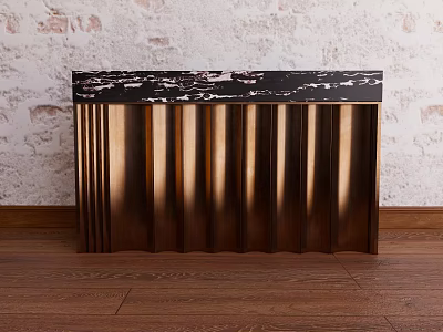 Golden Ribbed Console Cabinet With Black Marble Top Against White Brick Wall On Wooden Floor 3d model