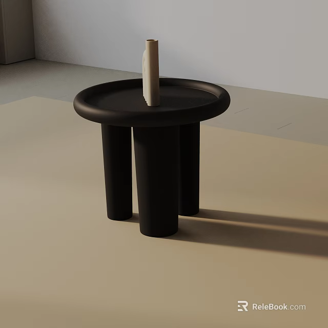 Black Modern Side Table Featuring Round Top Three Cylindrical Legs and White Decorative Item 3d model
