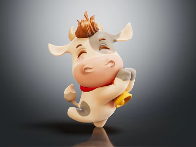 Cute Cartoon Cow Character With Red Collar Bell And Happy Expression 3d model