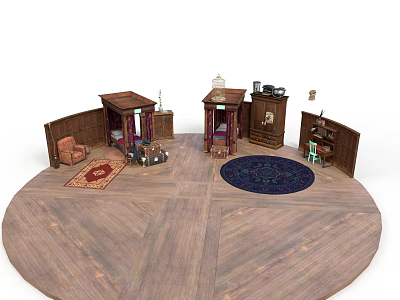 Wooden Floor Room Layout With Brown Furniture Including Table Chairs Cabinet Sofa And Rugs 3d model