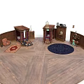 Wooden Floor Room Layout With Brown Furniture Including Table Chairs Cabinet Sofa And Rugs
