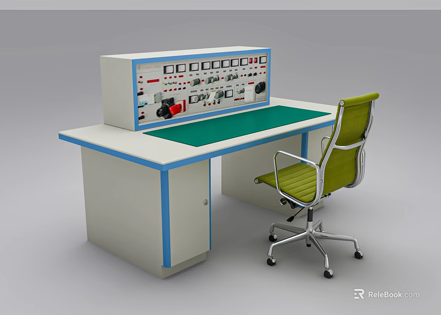 Functional Desk With Control Panel Green Surface White Blue Frame And Green Chair 3d model 