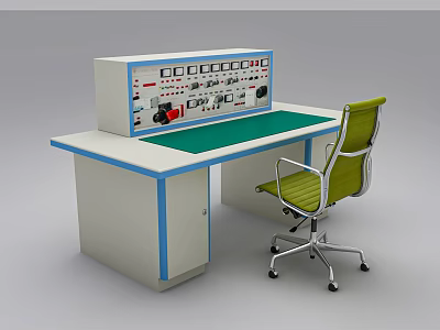 Functional Desk With Control Panel Green Surface White Blue Frame And Green Chair 3d model