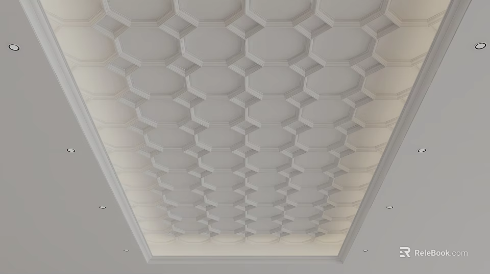 White Decorative Ceiling With Hexagonal Geometric Pattern And Recessed Lights 3d model