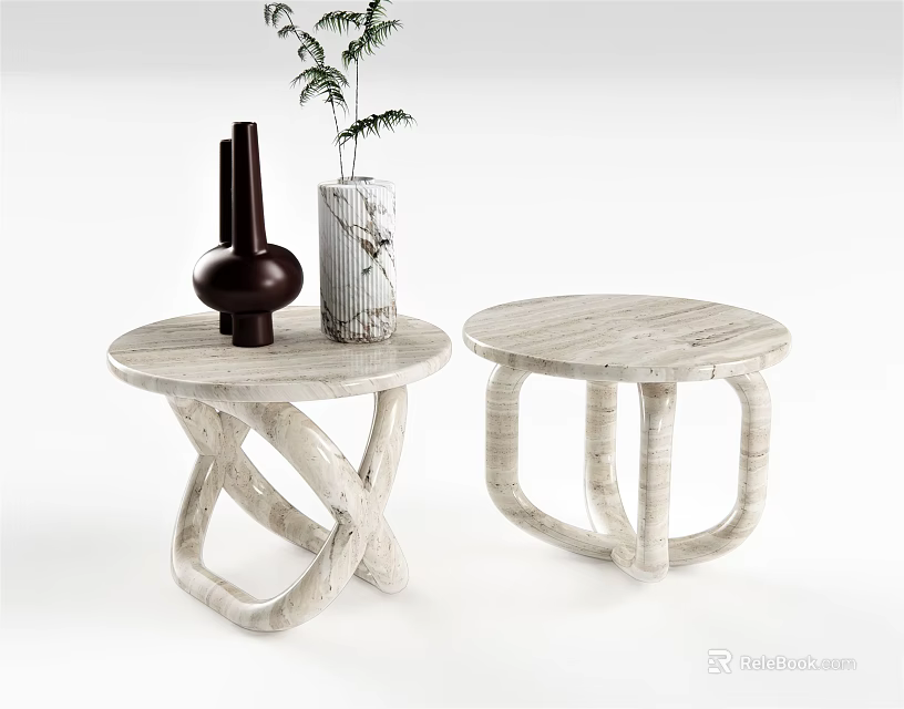 Modern Side Tables With Unique Intertwined Bases And Marble Tops Decorated With Vases 3d model 