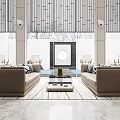 Modern Hotel Public Lounge Area With Beige Sofa Gray Blue Cushions Green Plants Large Windows
