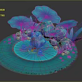 Cartoon Scene with Blue Lotus Leaves Frog Blue Water Purple Stones and Pink Flowers