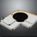 Modern Circular Water Pool Design With White Platform Small Plant Lamp Post And Figure