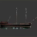 Vintage Red Sailing Ship with Rusted Masts and Weathered Wooden Deck