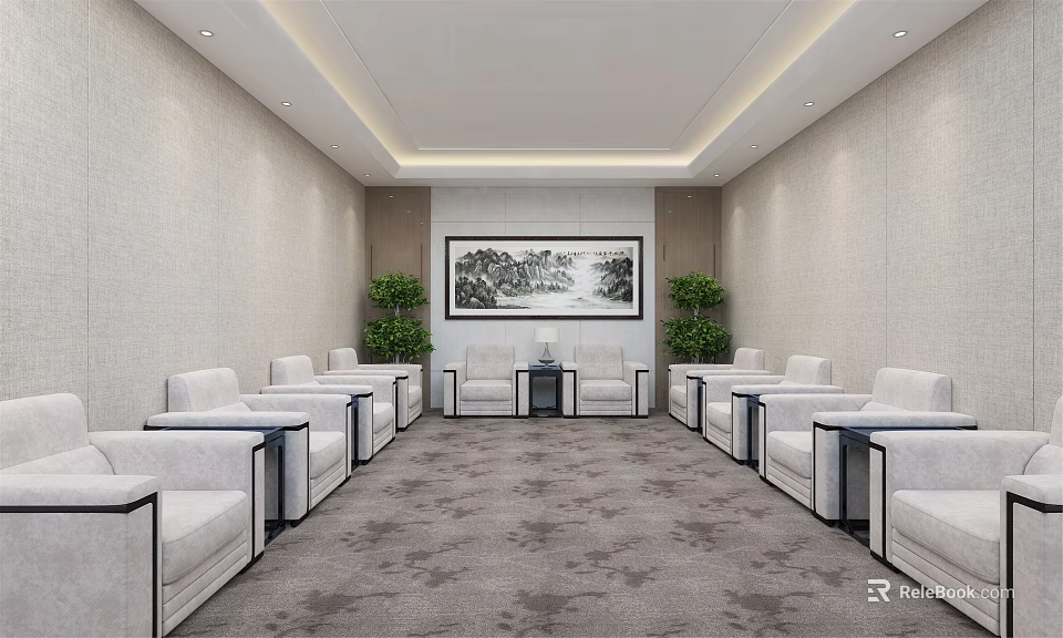 Hotel Public Lounge Area With White Sofas Small Coffee Tables Wall Painting And Green Plants 3d model 
