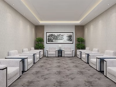 Hotel Public Lounge Area With White Sofas Small Coffee Tables Wall Painting And Green Plants 3d model