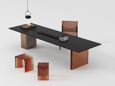 Modern Office Desk Interior With Black Surface Copper Legs Hanging Lamp And Chair 3d model